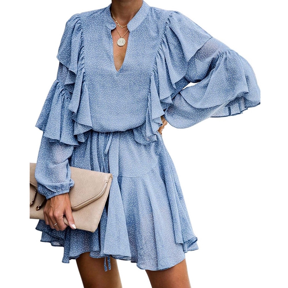 Long sleeve mini dot ruffle dress